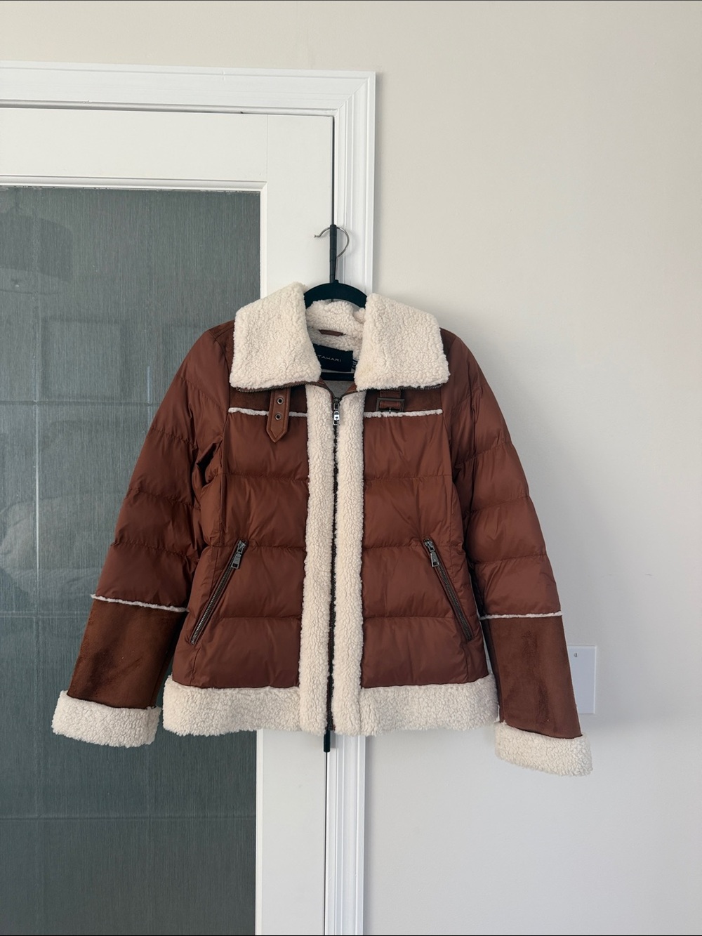 Tahari cognac mixed media shearling puffer